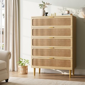 Rattan 5 Drawer Dressers for Bedroom, Tall Dresser with Deep Drawers, Large Chest of Drawers for Closet with Wide Top, Long Wooden Dresser - 1 of 4