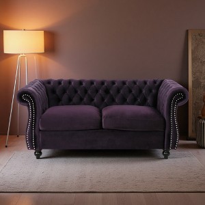 61.75" Velvet Chesterfield Loveseat with Rolled Arms & Nailhead Accents - 1 of 4