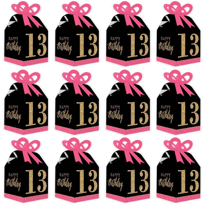 Big Dot of Happiness Chic 13th Birthday - Pink, Black and Gold - Square Favor Gift Boxes - Birthday Party Bow Boxes - Set of 12, 5 of 9