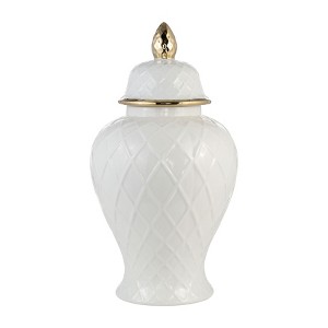 Sagebrook Home 20" Temple Jar with Lid - Ceramic White and Gold Rope Lined Decorative Stoneware for Home, Office, Gift Idea - 1 of 4