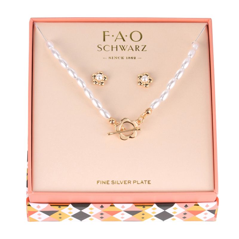 FAO Schwarz Pearl and Gold Tone Toggle Necklace and Earring Set, 2 of 4