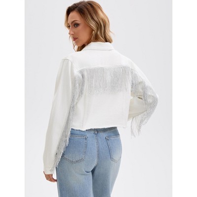 INSPIRE CHIC Women's Fringe Long Sleeve Frayed Hem Crop Denim Jacket Light Blue Small 2 Packs White/Dark Blue Large — фото 4