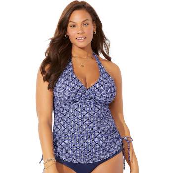 Swimsuits For All Women's Plus Size Loop Strap Blouson Tankini Set 26 Royal  Blue, Black 