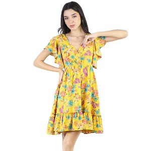 Artyska Women's Floral V-Neck Ruffle Sleeve Front Overlap Back Tie Flowy Mini Dress - 1 of 4