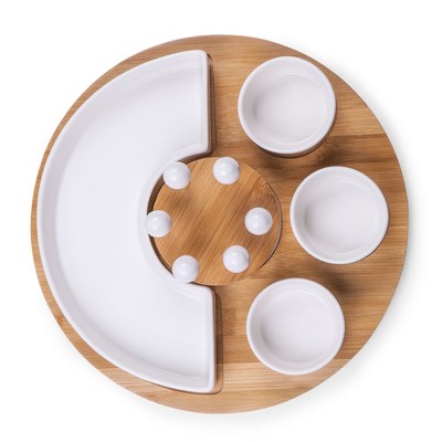 Symphony Bamboo and White Ceramic Round Appetizer Tray Set