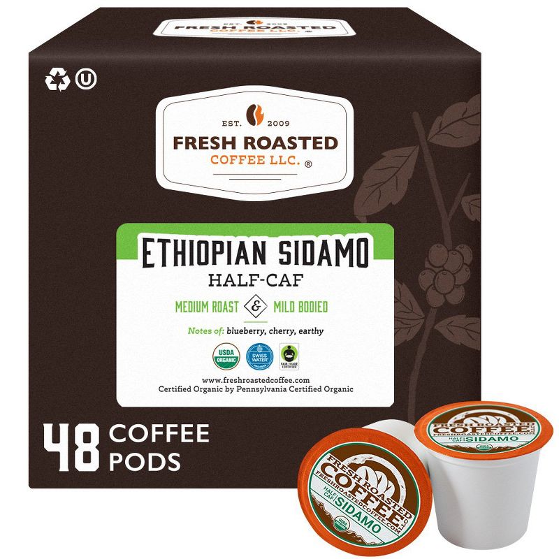 Fresh Roasted Coffee - Organic Ethiopian Sidamo Half Caf Medium Roast Single Serve Pods - 48CT, 1 of 5