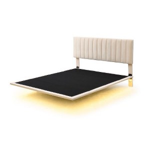 Queen-Size Velvet Upholstered Floating Platform Bed with Integrated Headboard and Sensor Light - 1 of 4