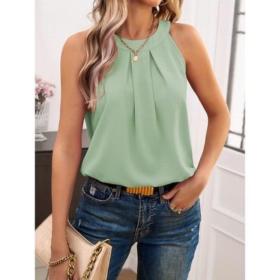 Summer Halter Neck Tank Tops for Women Pleated Loose Fit Sleeveless Tops Flowy