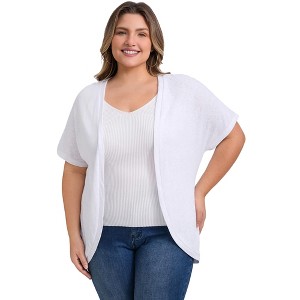 GRACE & GRANDEUR Women's Plus Size Knit Short Sleeves Open Front Curved Hem Cardigans - 1 of 4