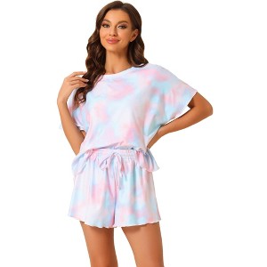 cheibear Women's Tie Dye Short Sleeves Sleepshirt with Shorts Lounge Sleepwear Pajama Set - 1 of 4
