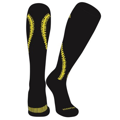Pear Sox Softball Stitch Knee high Socks - Black, Bright Yellow (L)
