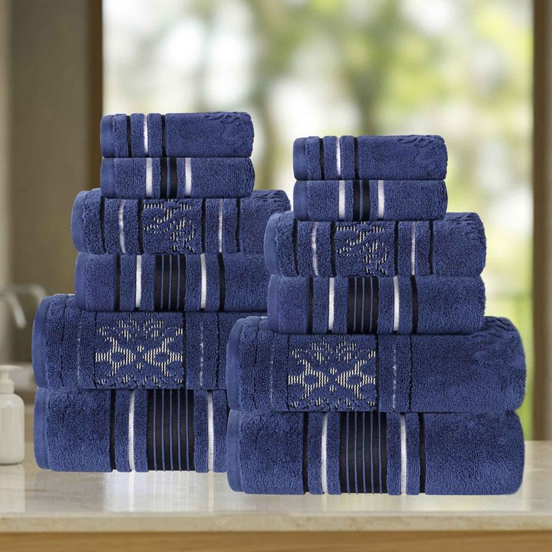 Zero Twist Cotton Solid and Floral Jacquard 12 Piece Bathroom Towel Set by Blue Nile Mills, 2 of 13