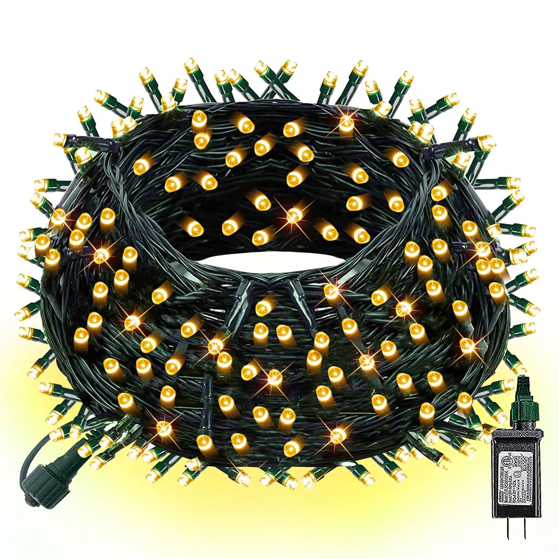 Dazzle Bright Christmas String Lights, 66FT 200 LED Connectable Green Wire 8 Modes String Lights Warm White