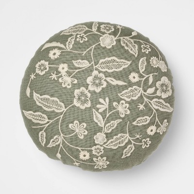 14" Round Pillow Embroidered Floral Army Green and Cream - Threshold™ Design with Studio McGee