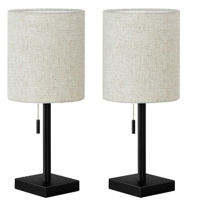 Set of 2 Black Metal Table Lamps with Beige Drum Shades and USB Ports