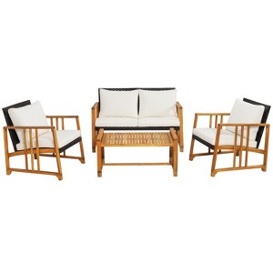 Tangkula Set of 4 Wicker Sofa Set Acacia Wood Frame w/ Seat & Back Cushions Patio Mix Brown - 1 of 4