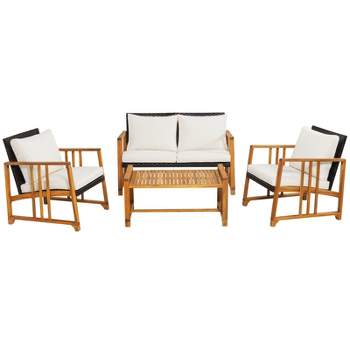 Tangkula Set of 4 Wicker Sofa Set Acacia Wood Frame w/ Seat & Back Cushions Patio Mix Brown