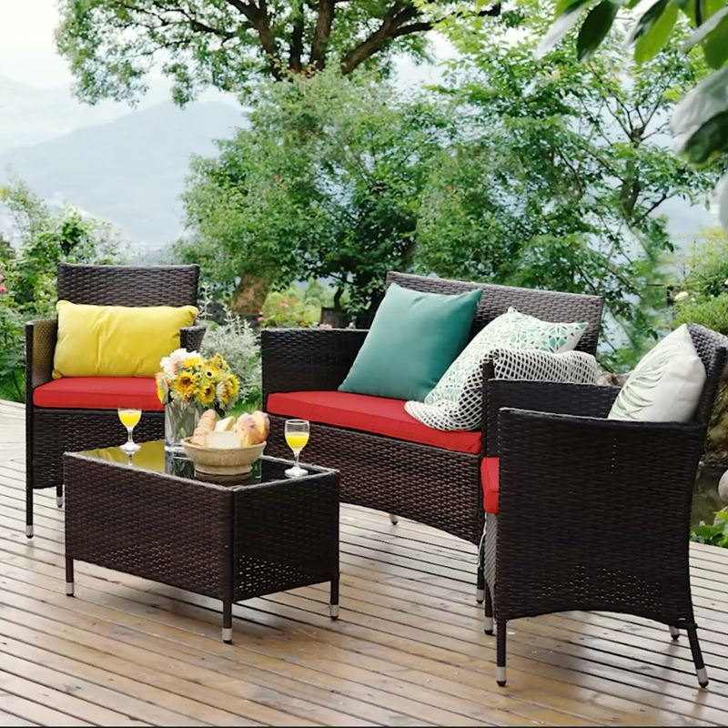 Costway 4PCS  Patio Furniture Set  Rattan Conversation Set W/ Tempered Glass Coffee Table Cushion Red, 3 of 12