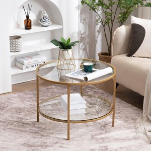VINGLI 25.6" Round Gold Coffee Tables, 2-Tier Glass Coffee Table with Storage, Simple & Modern Center Table  for Living Room - 1 of 4