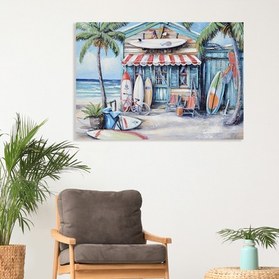 KWPZQEB Vintage Wall Art, Blue Beach House Surfboard Coconut Tree Ocean Wall Art, Rustic Impressionism Scenic Landscape Wall Decor for Living Room