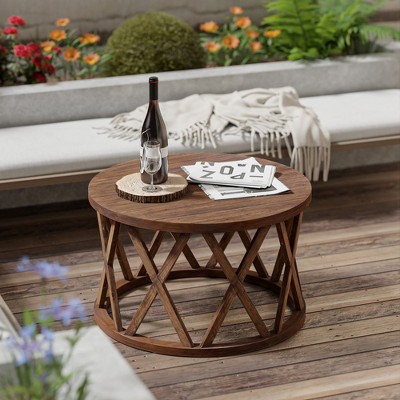 JIONJOY X-Leg Round Coffee Table with Distressed Wood Top - Brown