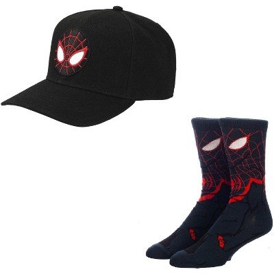 Marvel Comic Book Spiderman Miles Morals 2-Pack Snapback Hat and Crew Socks Set
