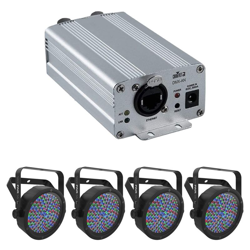 CHAUVET DJ DMXAN2 Multi-Purpose Art-Net/sACN Node Stage Light Accessory and SlimPAR 56 LED DMX PAR Flat Can RGB Wash Light Effect Fixture, 4 Pack, 1 of 7