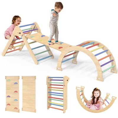 Huxxion 3 in 1 Pikler Triangle Set, Wooden Jungle Gym, Climbing Toys for Toddlers 1-3 Inside (Triangle-Rainbow)