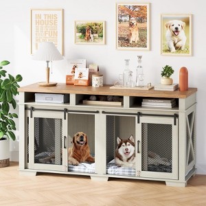 71" Double Dog Crate Furniture for 2 Dogs - XL TV Stand with 3 Storage Drawers,Removable Divider & Sliding Barn Door,White+Light Oak - 1 of 4
