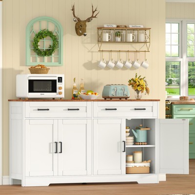 USIKEY Large Sideboard Buffet Cabinet with 4 Doors and 2 Drawers, Modern Coffee Bar with Adjustable Shelves for Kitchen, Dining Room, White