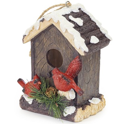 Winter Cardinals Hand-Painted Polyresin Hanging Birdhouse