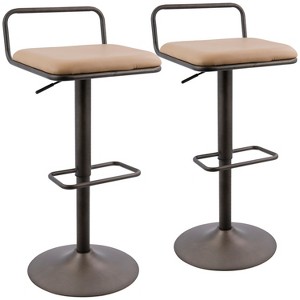 LumiSource Set of 2 Beta Industrial Adjustable Barstools Antique/Camel: Metal Frame, Faux Leather, Low Back Design - 1 of 4