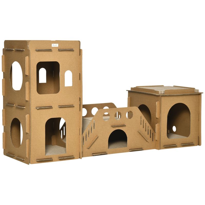 PawHut Cardboard Cat House DIY Cat Tree with Condos, Scratching Pad Board Hideaway Toy Pet Furniture, Brown, 1 of 7