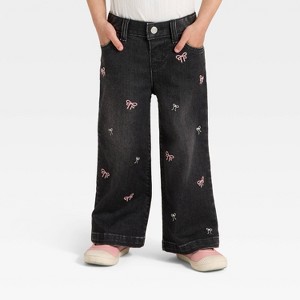 Toddler Girls' Embroidered Wide Leg Denim Pants - Cat & Jack™ Black - 1 of 4