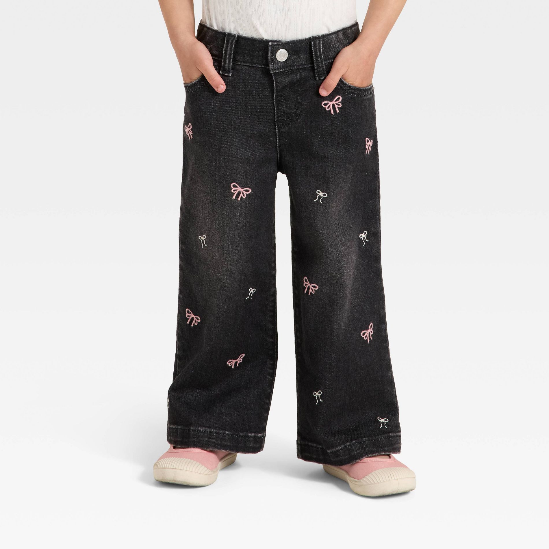 Toddler Girls' Embroidered Wide Leg Denim Pants - Cat & Jack™ Black 3T