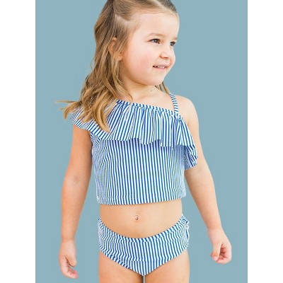 RuffleButts Girls UPF50+ Sun Protected Seersucker One Shoulder Ruffle Tankini 2-Piece Swimsuit - Blue Seersucker, 6 — фото 3
