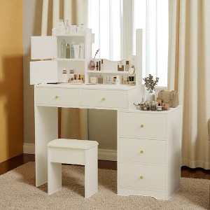 Fashion Vanity Desk with Mirror and Lights, Makeup Table Set with Cushioned Chair and Adjustable 3-Color Lighting - 1 of 4