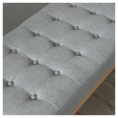Midcentury Light Grey Tufted Fabric Bench with Birch Legs