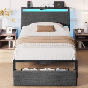 Greenstell Twin/Full/Queen Bed Frame with Ergonomic Upholstered Headboard and Drawer &Charging Station & LED Lights , Grey - 1 of 4