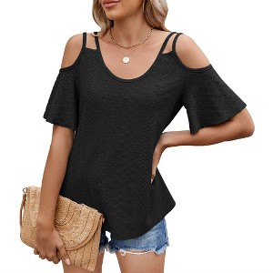 Womens Cold Shoulder Top Basic T Shirts 3/4 Sleeve Casual Blouse Tshirts - 1 of 4