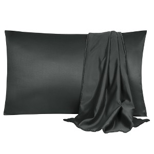 2 Pcs Queen(20"x30") Silky Satin Luxury Pillow Cases Black - PiccoCasa - 1 of 4