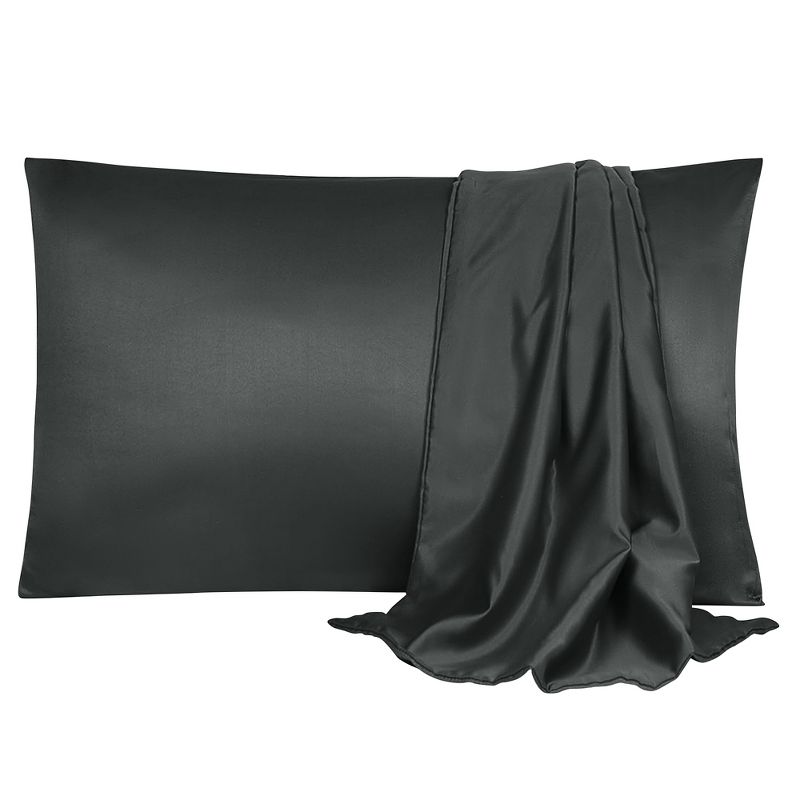 2 Pcs Queen(20"x30") Silky Satin Luxury Pillow Cases Black - PiccoCasa, 1 of 7