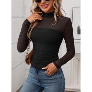Womens Tops Mock Neck Sheer Long Sleeve Casual Pullover Mesh Top - 1 of 4