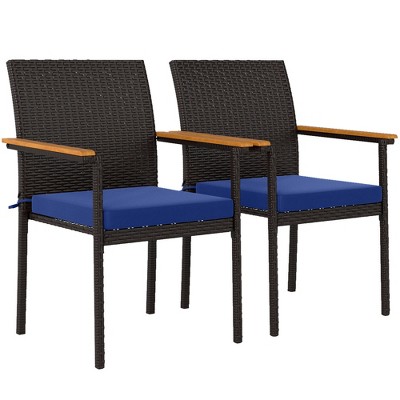 Outsunny Patio Wicker Dining Chair Set of 2, PE Rattan Outdoor Dining Chairs with Cushions, Backrest, Armrests for Deck, Garden, Navy Blue