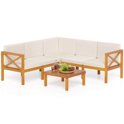 Tangkula Set of 6 Acacia Wood Patio Furniture Set Outdoor Sectional Conversation Set w/ Cushions & Coffee Table Off White