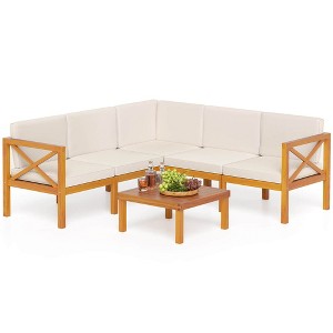 Tangkula Set of 6 Acacia Wood Patio Furniture Set Outdoor Sectional Conversation Set w/ Cushions & Coffee Table Off White - 1 of 4