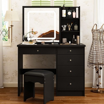 FUFU&GAGA Black LED Dimmable and Removable Mirror Dresser Dressing Table with Drawers Stool