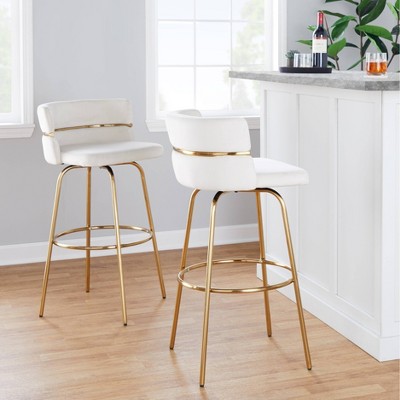 Cinch 30" Gold Metal and White Velvet Swivel Barstools, Set of 2