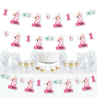 Big Dot of Happiness 1st Birthday Pink Flamingo - First Birthday Party DIY Decorations - Clothespin Garland Banner - 44 Pieces