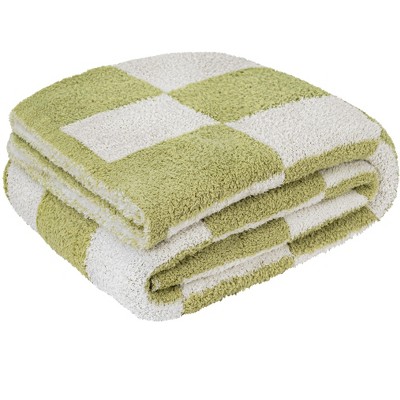 Sage Green and White Checkered Fleece Throw Blanket